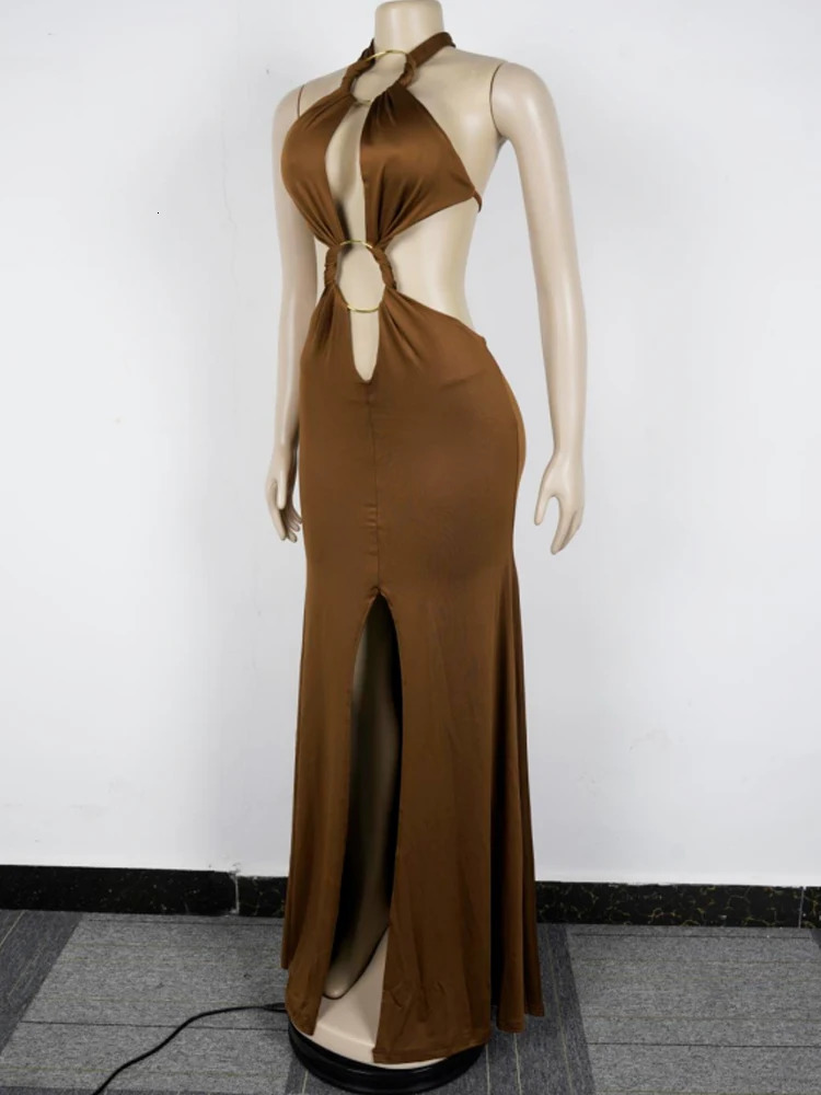 Beyprern Chic Halter V Neck O Rings Long Maxi Dress Glam Women Sexy Backless Ruched High Slit Party Dresses Birthday Outfits 260306