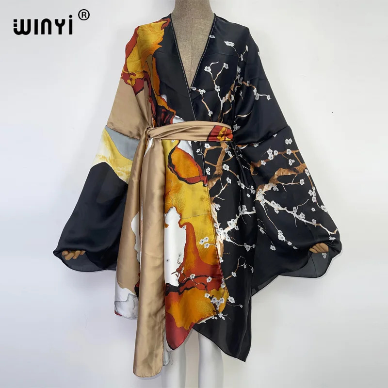 WINYI Summer Beach Wear Swim Suit Cover kaftan sweet lady boho Cardigan stitch Self Belted sexy Holiday long Sleeve Kimono 260228