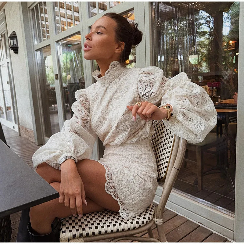 Trendy Lady Hollow Out Lace Mini Dress Elegant Long Sleeve Chic High Neck Short Vestidos Autumn Club Night Gown 260306