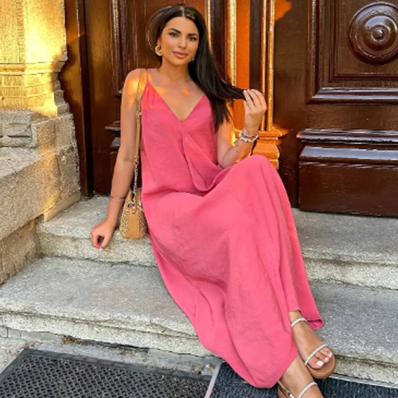 HXAO Womens Slip Dress Summer Green Red Black Dress Casual V-Neck Backless Long Dresses Sleeveless Vestidos Resort Dresses 260306