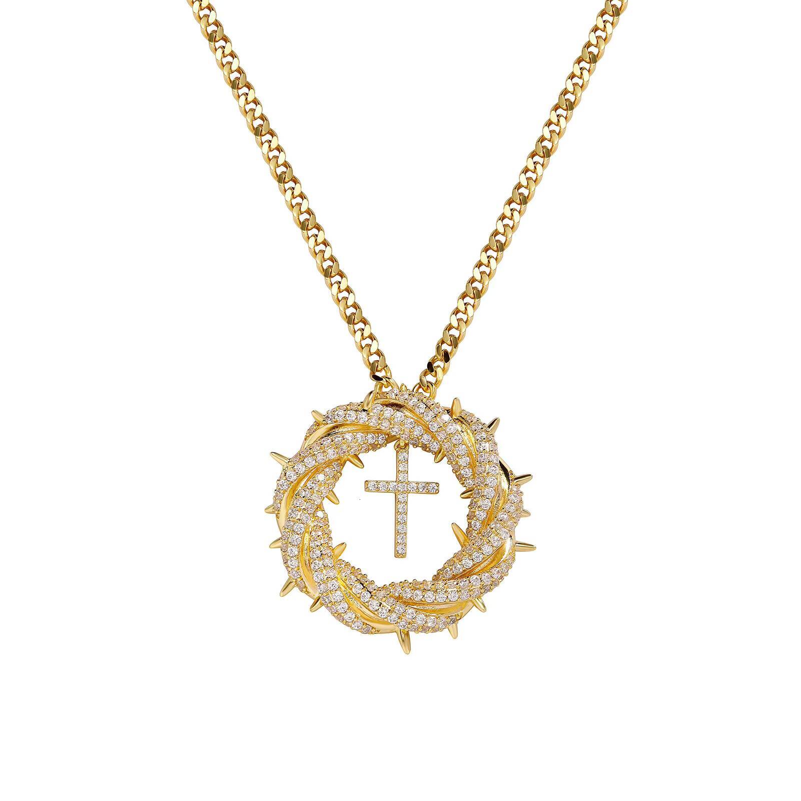 Stylish Trendy Fashion Bling Hiphop Shiny Stylish Jewelry Iced Striking Zircon Brass Thorn Hoop Cross Pendant Necklace