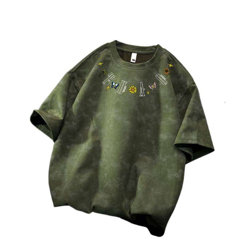 Luxury Brand Designer Clothes American-Style Tie-Dye Faux Suede Short-Sleeve T-Shirt For Men, Summer Printed Trendy Brand, Ins High Street Loose Fit, 