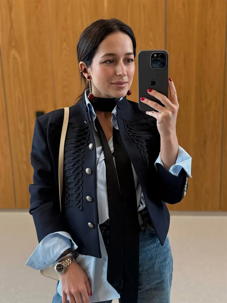 Women Retro Denim Military Jacket Lady Vintage Solid Stand Collar Single Breasted Slim Short Jackets 2026 Daily Street Outerwear 260303