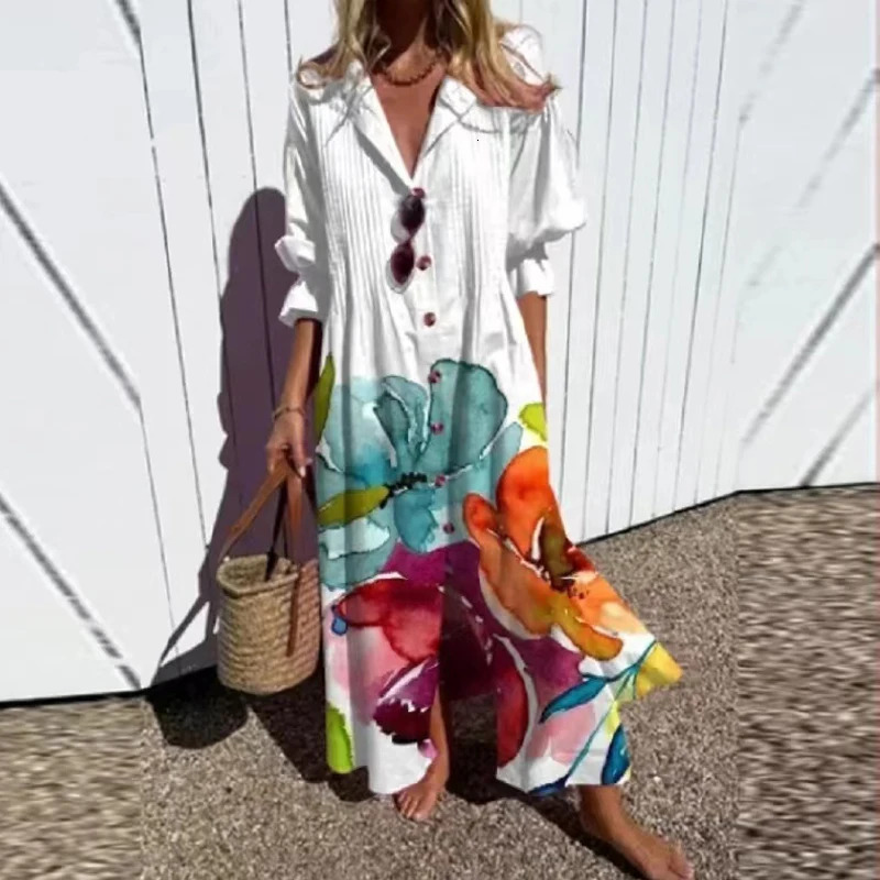 Womens Retro Geometry Circle Print Long Dress Spring Single Breasted Lapel Shirt Dress Summer Puff Short Sleeve A-Line Boho 260304