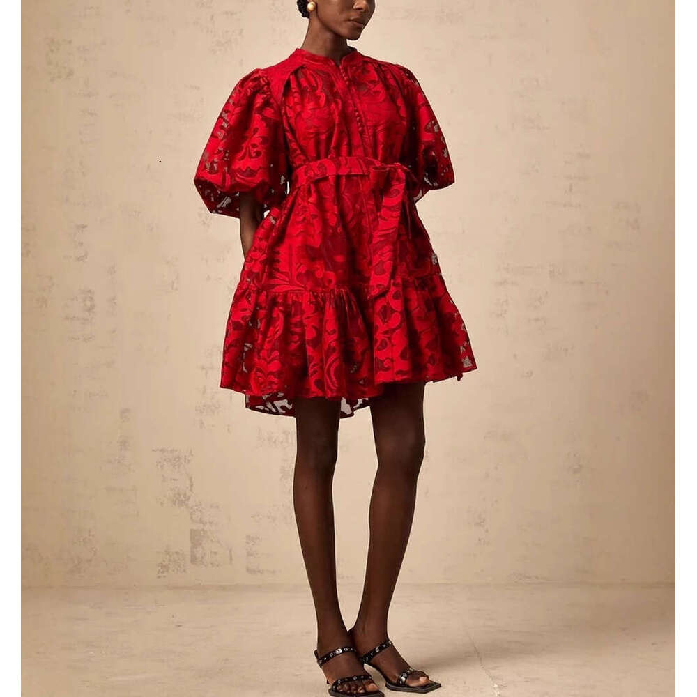 2026 new women's European and American niche retro palace style lantern sleeves jacquard loose tie short skirt