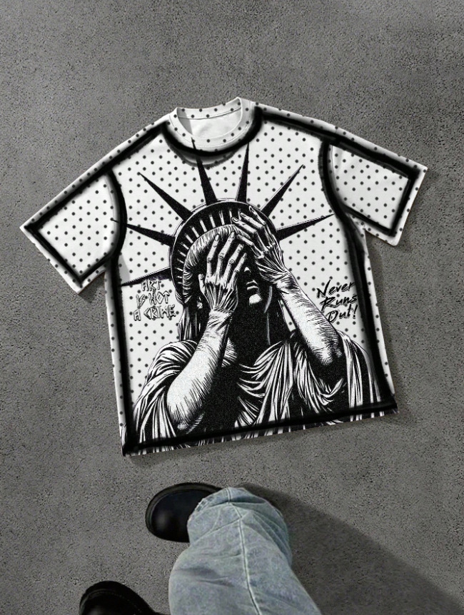 New style Trendy printed short-sleeve for men retro-style T-shirt with niche design trendy brand short-sleeve top loose and comfortable