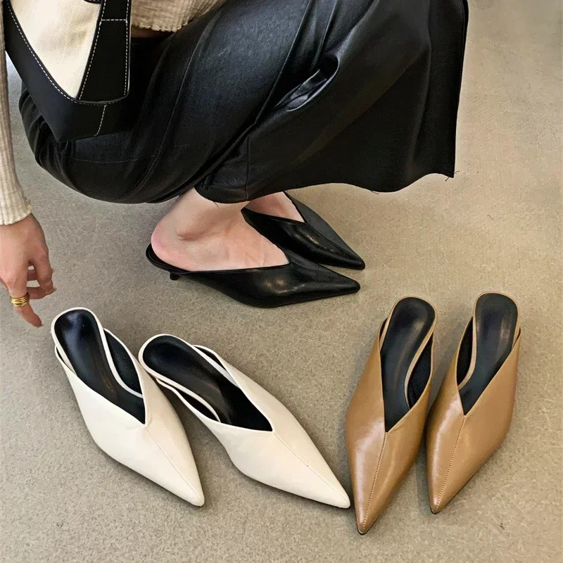 Comemore Fashion Pointed Toe Mules Slippers Women Low Heel Slingback Sandals Ladies Elegant Dress Slides Comfort Pumps Women 260303