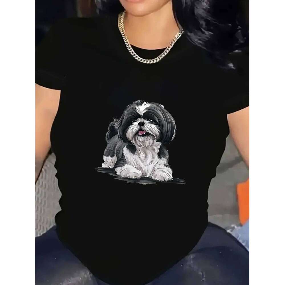 Women's Casual Crew Neck T-shirt, Featuring A Shih Tzu Dog Print, Short Sleeves, and Medium Stretch Fabric.graphic T Shirts Y2K XJ260306 XJ260306