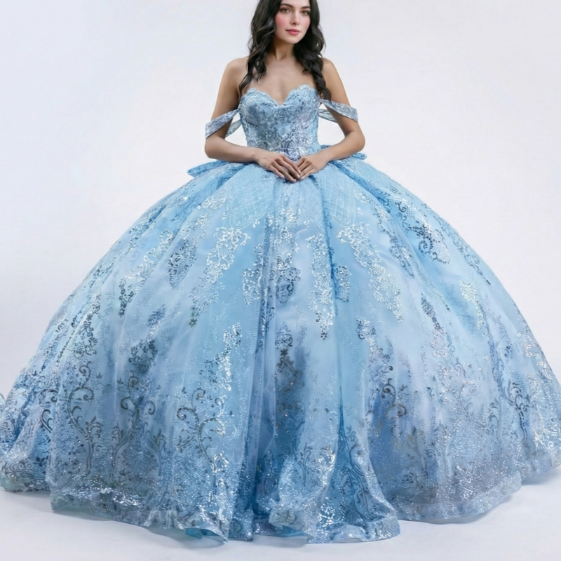 Light Blue Shiny Quinceanera Dresses Ball Gown Off The Shoulder Sequin Applique Lace Beading Crystal Bow Tull Corset Party Birthday Sweet 16 Dress Ves