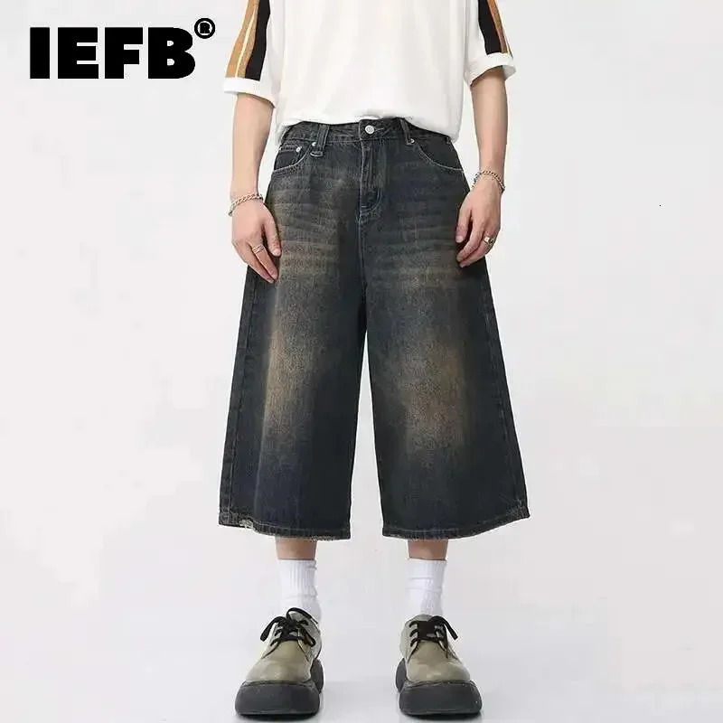 IEFB Korean Style Vintage Mens Jeans Summer Loose Male Wide Leg Knee Length Shorts Washed Fashion Short Denim Pants 9A8825 260306