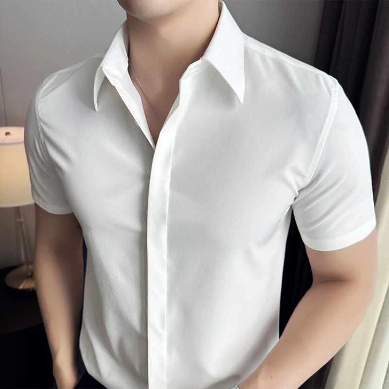 High Quality Summer Thin Stretchy Short-Sleeved Shirt for Mens Business and Casual Wear Hidden Button Placket M-4XL 260304