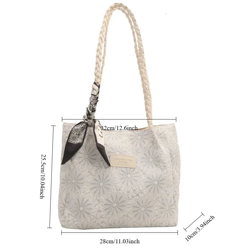 Niche National Style Embroidery Flower Shoulder Bag Summer Autumn Ribbon Decoration Handle Women Casual Tote 260307