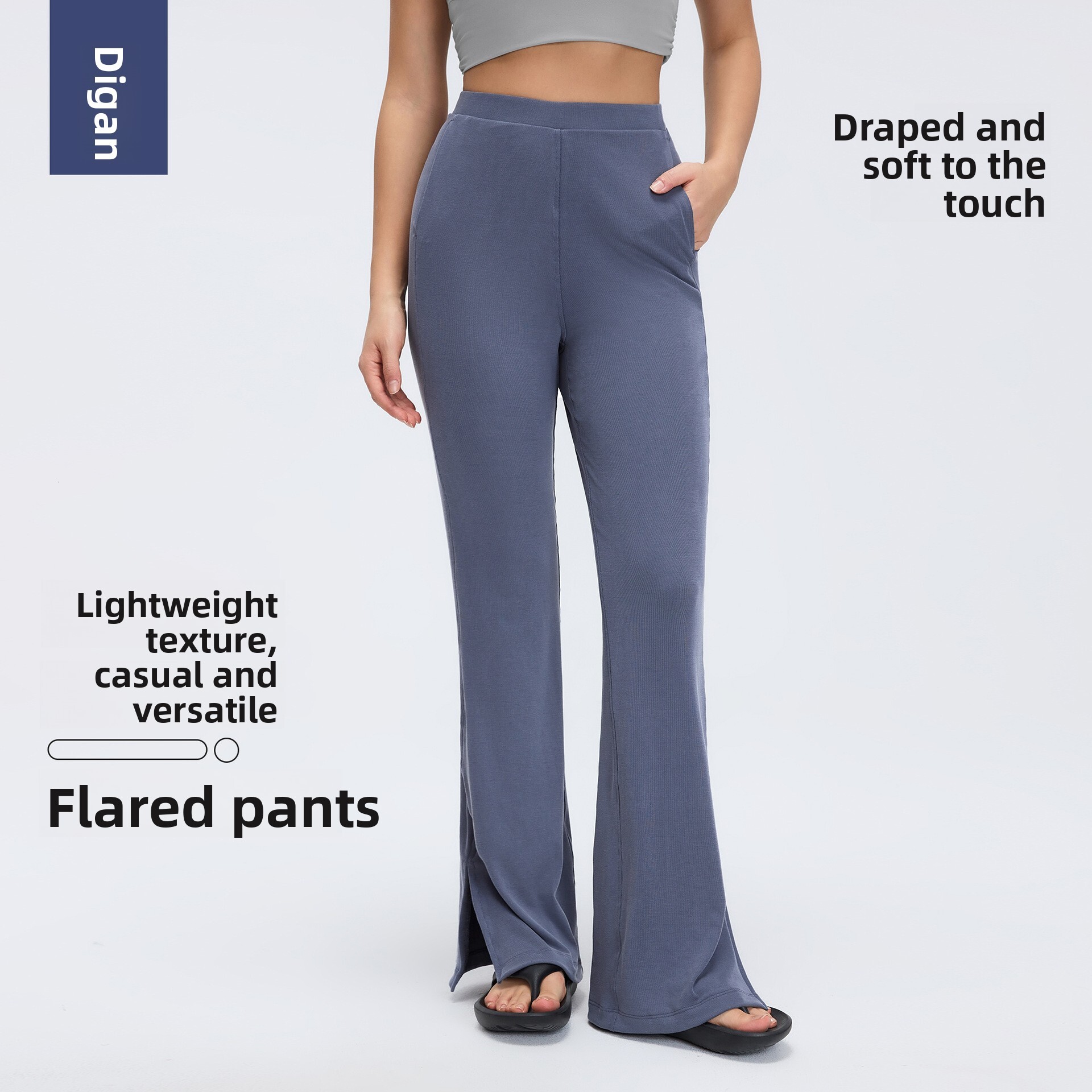Sand-washed ribbed yoga for women, loose fit, slimming, wide-leg, slightly flared with side slits, sports and fitness long pants D26024