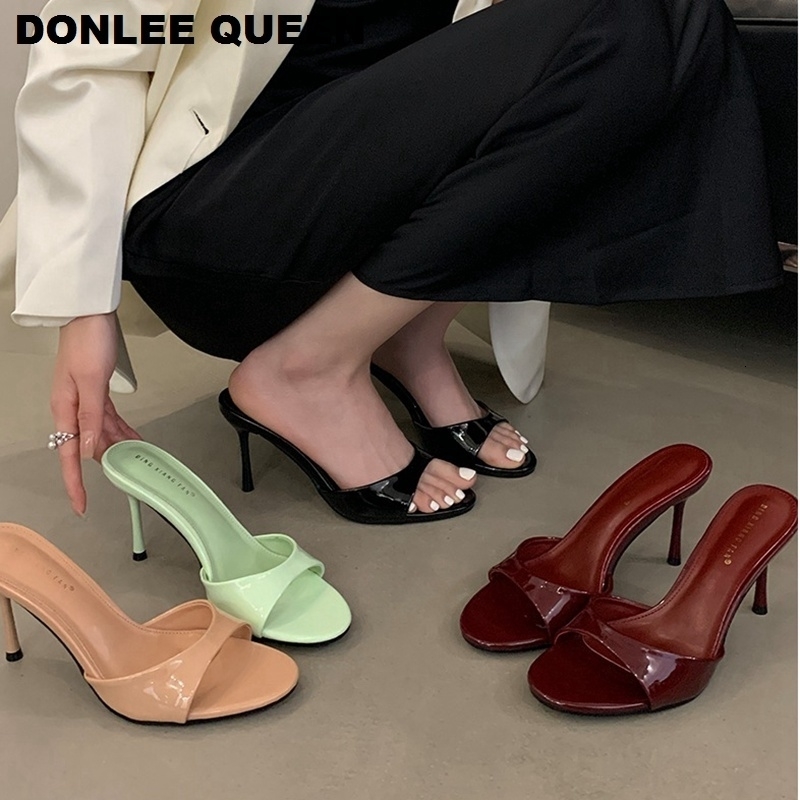 2026 Fashion Sexy Thin High Heels Slides Women Open Toe Pumps Slip Sandal Female Slippers Mule Patent Leather Outdoor Flip Flops 260306