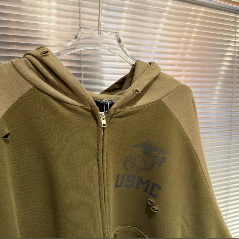 2026 Fashion Korean High Street Green Project G/R Hoodies Jackets For Men Women Distressed Washed Zipper Hooded 260228