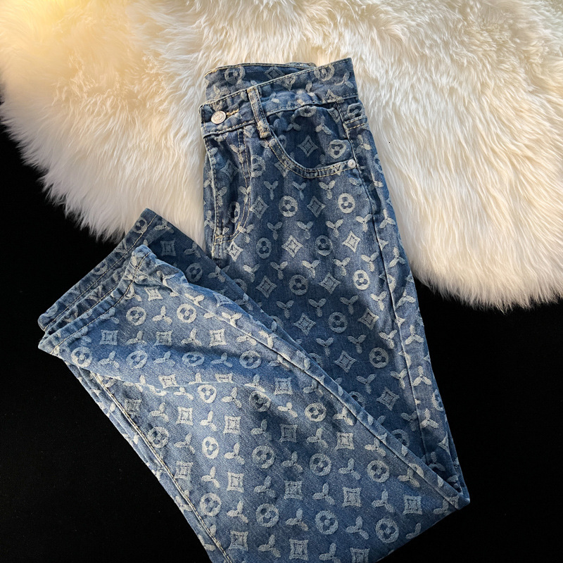 Luxury Brand Designer Clothes Trendy Brand Full Print Jeans For Men, Loose Straight Long Pants For Autumn, Ins American Retro Vibe Style Streetwear Pa