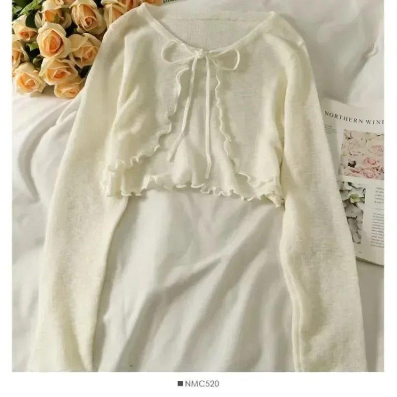 Summer Women Thin Sunscreen Cardigan Laceup Knitwear Tops Female Korean Style Lantern Sleeve Short Coat Casual Sun Protected 260306