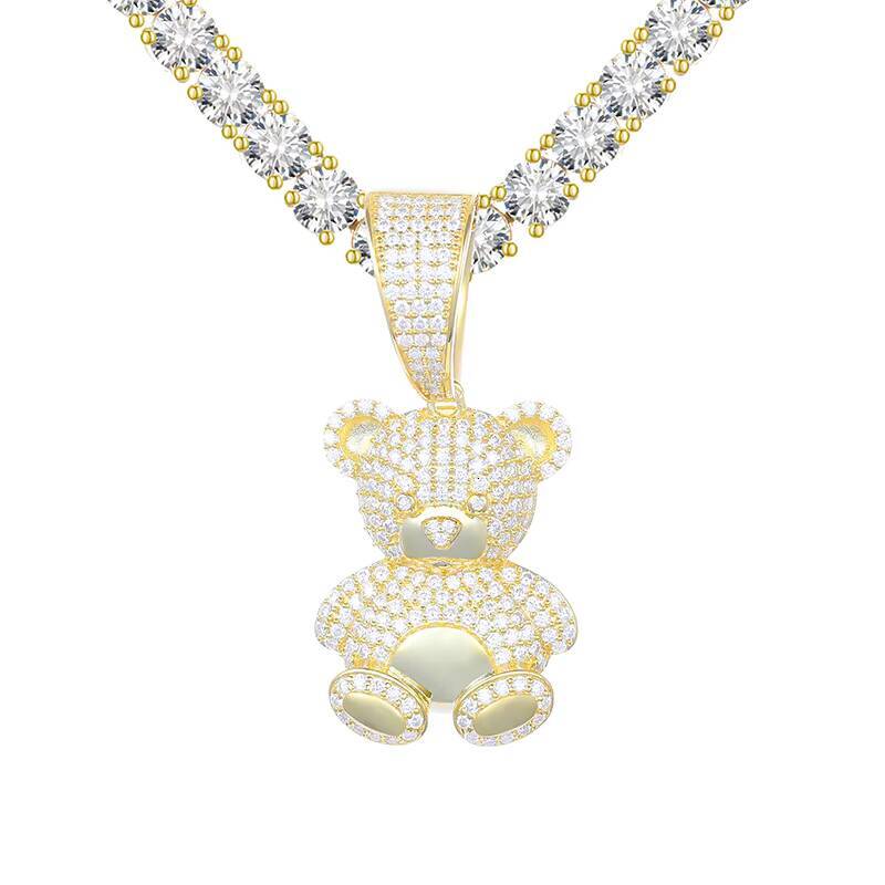 Wholesale 925 Sterling Silver Hip Hop Jewelry VVS Moissanite Iced Teddy Bear Pendant Necklace Cute Pass Diamond Tester
