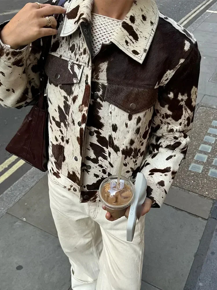 Chic Zipper Spotted Print Short Jacket Women Lapel Button Casual Slim Denim Coats Autumn Lady High Street Outerwear 260303
