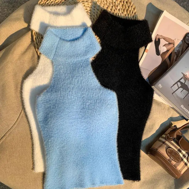 Spice Girl Hair Halter Neck Camisole Female Mink Inside Tank Top Autumn and Winter Sense Knitted Bandeau Top 260306