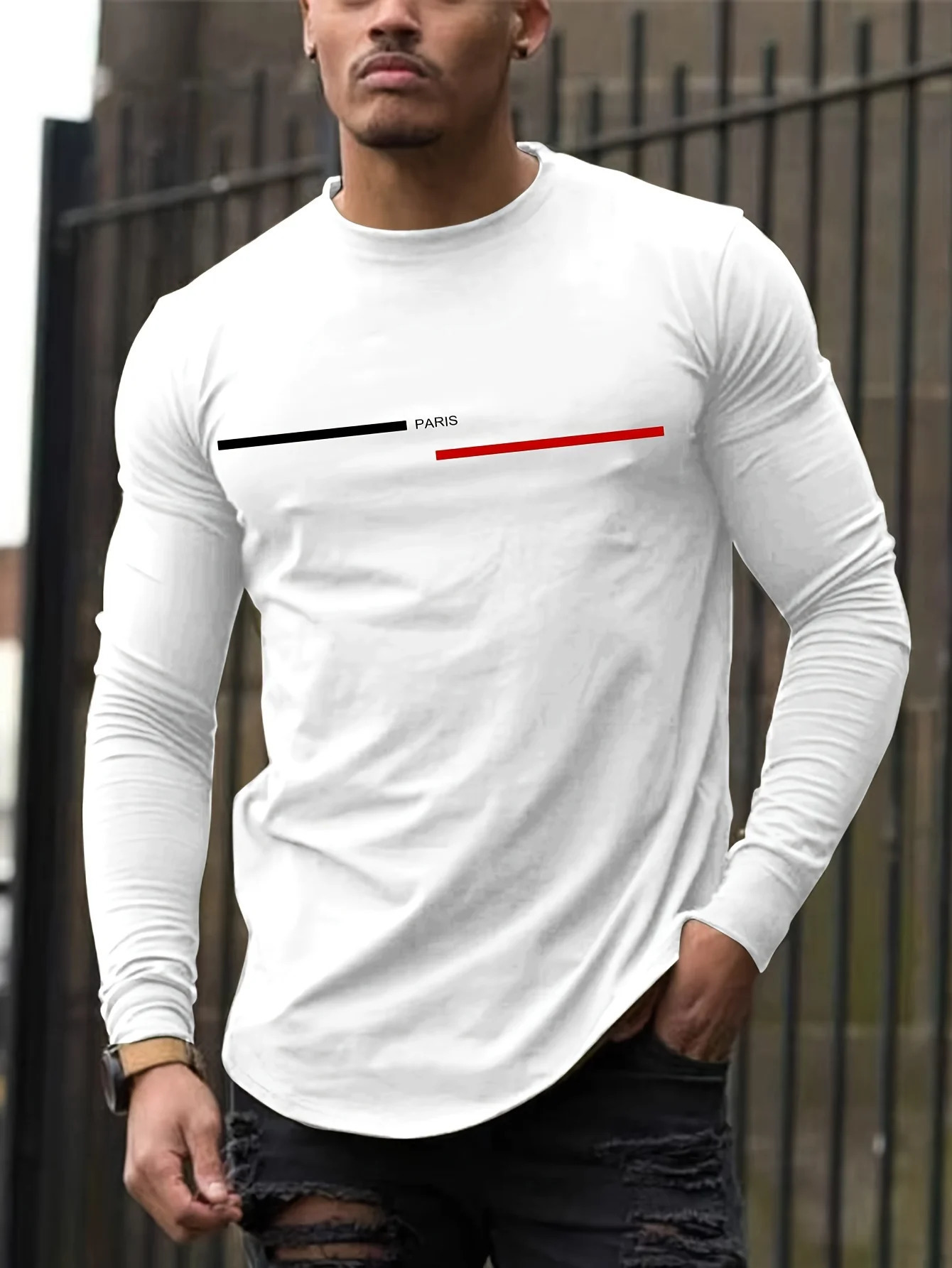 Mens 100 pure cotton summer loose comfortable casual PARIS print large round neck long sleeve Tshirt top 260302
