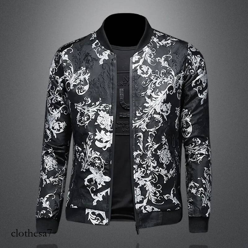Stand-up Collar Embroidery Vintage Print Jackets 2025 Pattern Men Bombers Slim Fit Casual Jacket Coats