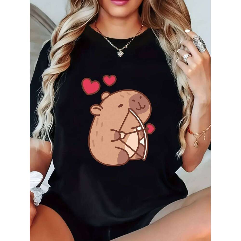 Capybara Printed Short-Sleeve Round-Neck Casual Top Women Suitable for Spring Summer Sleeved Harajuku Streetwear Tops Tees XJ260306