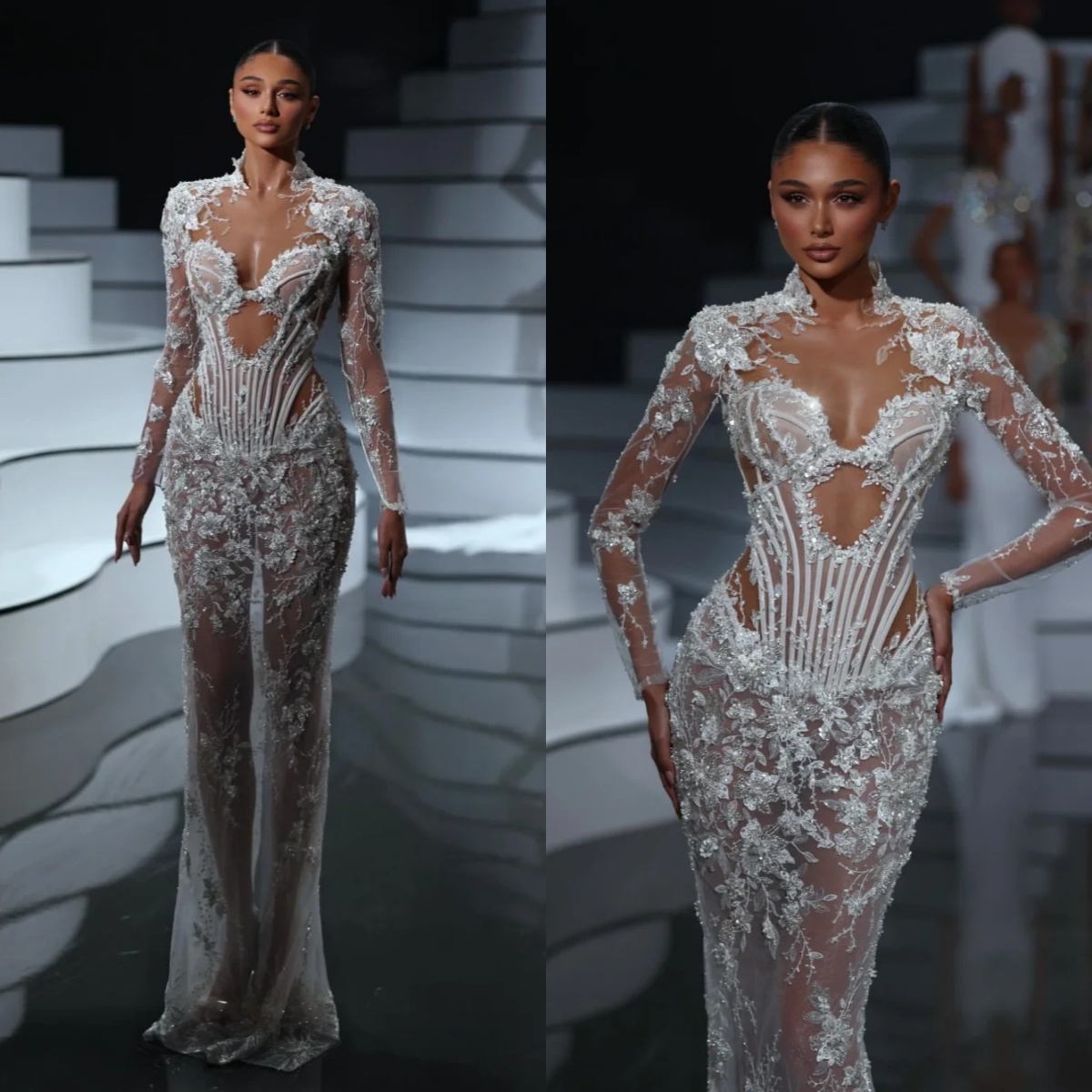 Vintage High Neck Sheath Wedding Dress Elegant Long Sleeve Sequined Bridal Dress See Through Customized vestido de novia