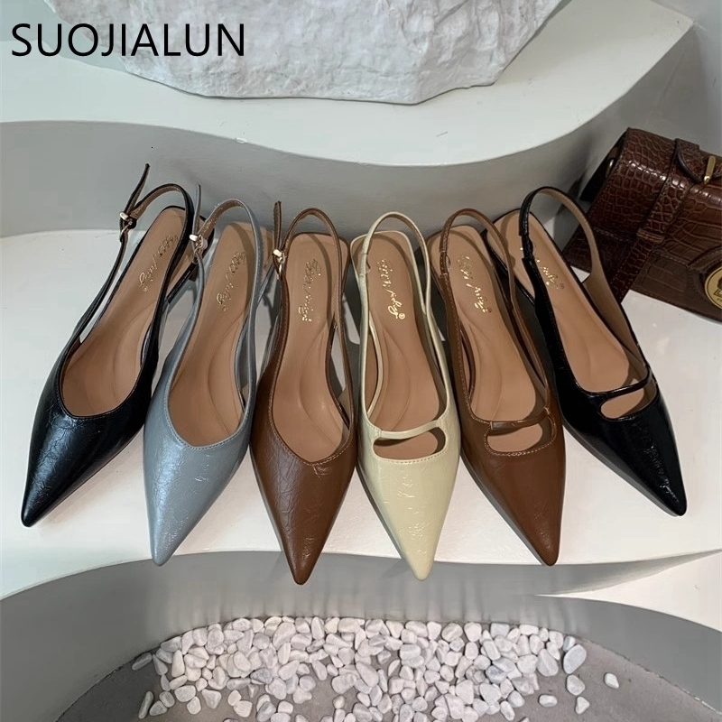 SUOJIALUN Summer Women Sandal Fashion Pointed Toe Shallow Slip On Ladies Elegant Slingback Shoes Thin Med Heel Dress Mules 260306