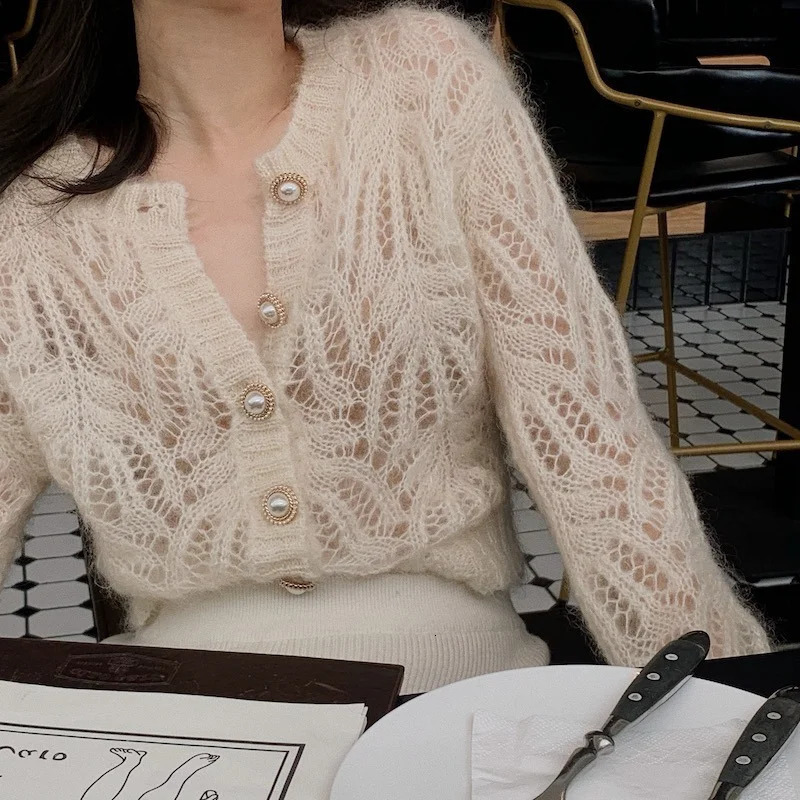 Autumn Openwork Knitted Cardigan French Style Elegant O-neck Mohair Coat Sweater Female Casual Solid Long Sleeve Soft Tops 16179 260305