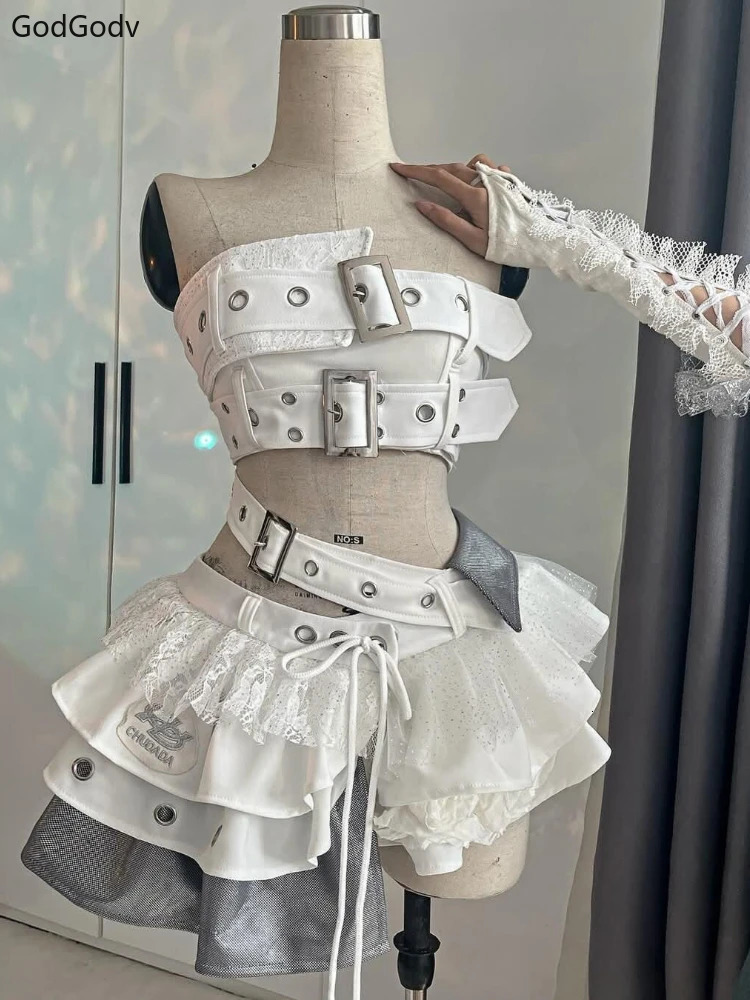 Summer Vintage Elegant Y2K Woman 2 Piece Sets Punk Gothic Strapless Crop Tops High Waist Ruffle Skirt Female Party Outfits 260304
