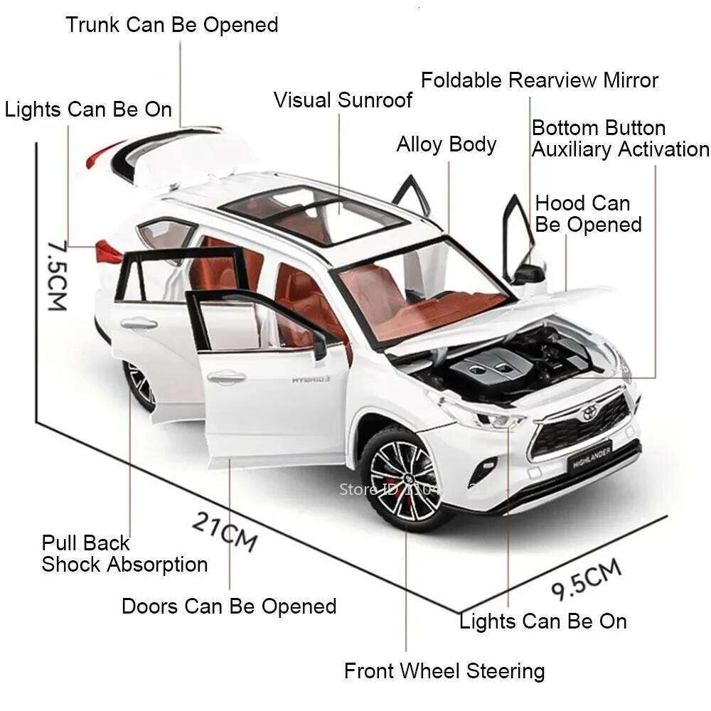 1:24 Highlander RAV4 Model Toys Diecast Car 6 Doors Opened with Sound Light Pull Back Miniature Vehices for Boy's Birthday Gifts Z260306
