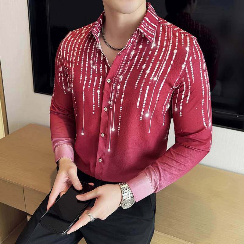 Men's Gradient Pleated Printed High-quality and Fashionable Social Dress Shirt Casual Slim Fit Long Sleeved