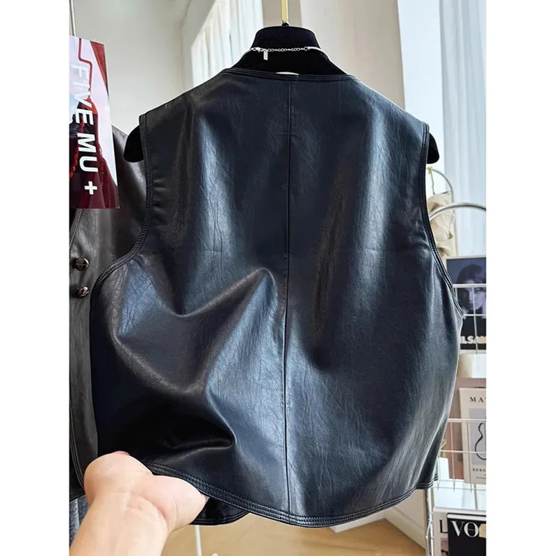 Spring Autumn Retro Style Fashion Womens Suit Vest Jacket Sleeveless Korean Version Ladies Leather WaistCoat Coat 260306