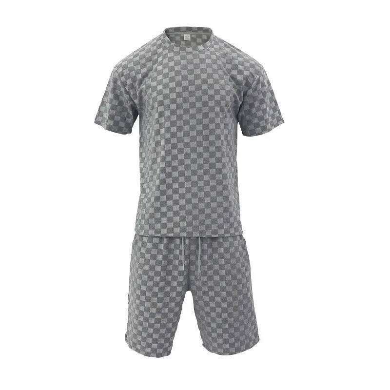 Men's Sports Suit Summer New Korean High Street Jacquard Plaid T-Shirt Shorts Two-Piece Set Male Casual Retro Loose O-Neck Top