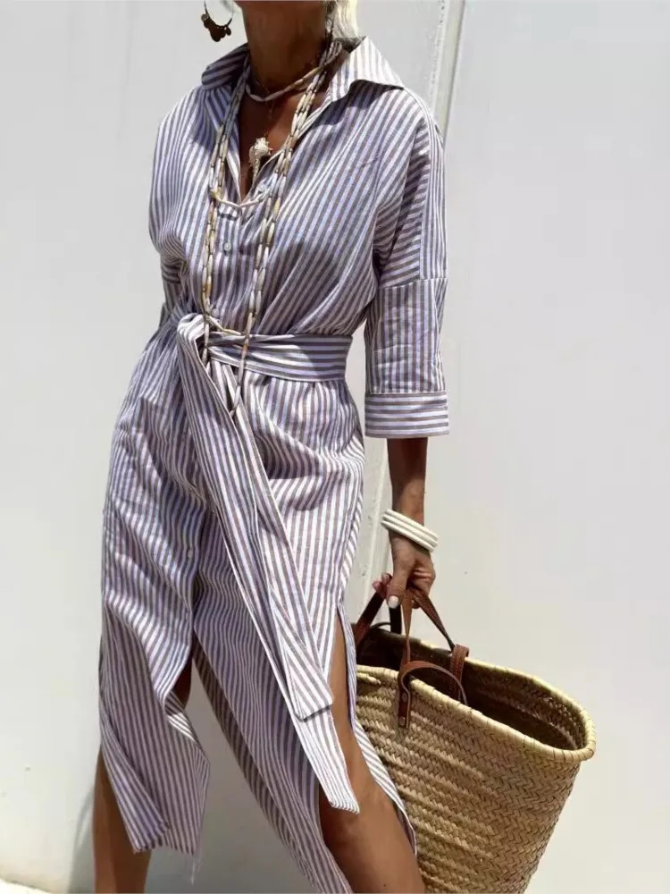 Autumn Long Sleeve Shirt Dress Elegant Belt Long Dress For Women Fashion Print Button Lapel Neck Casual Dresses Robe Femme 260306