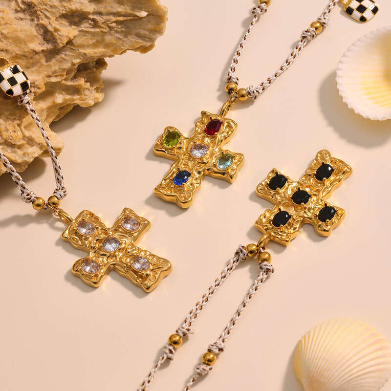 Women's Vintage Bohemian Necklace: Stainless Steel Cross Pendant Multi-accessory Freshwater Pearl Natural Stone Long Necklace Layered Unisex Part
