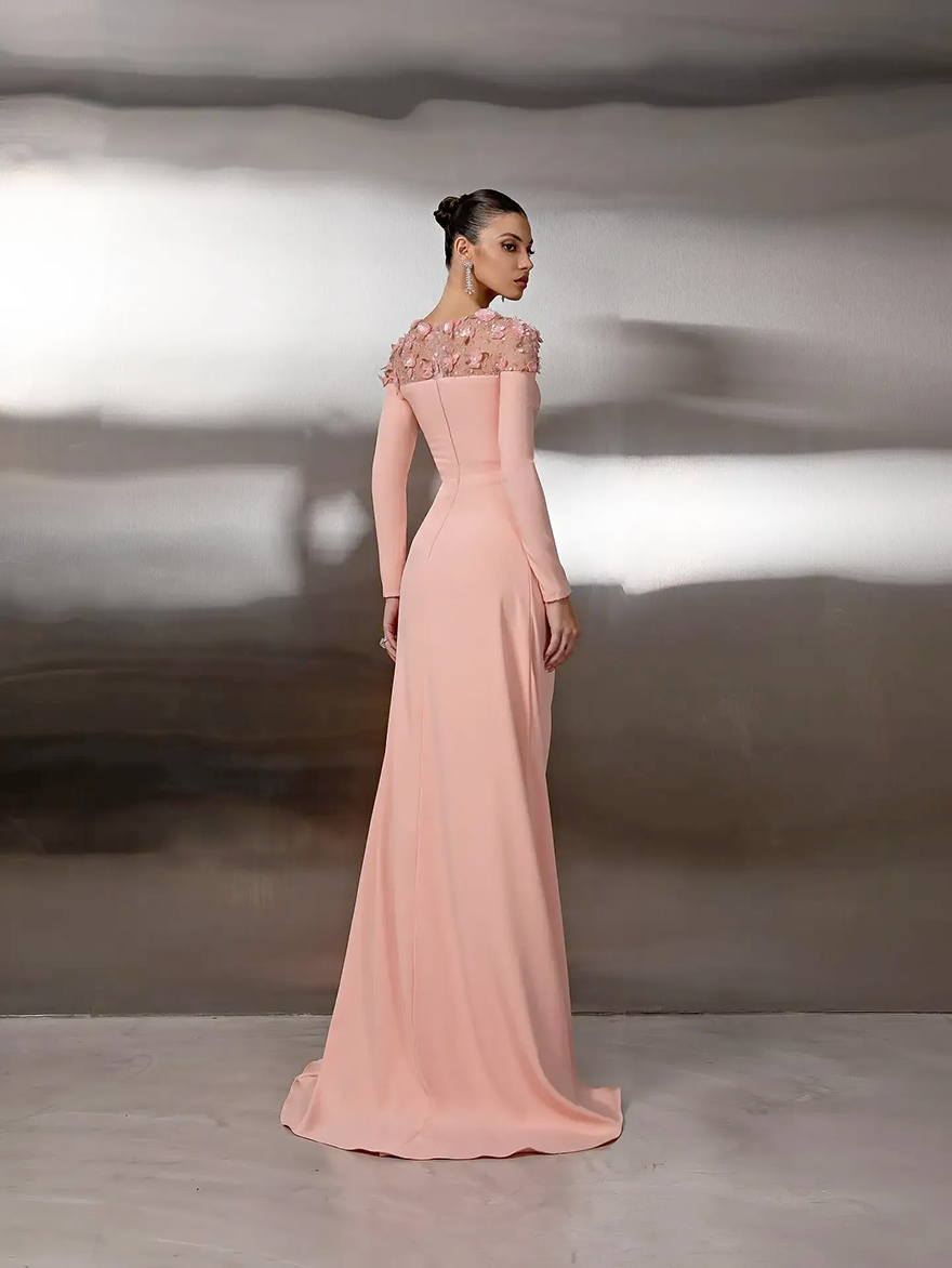 Elegant Chiffon Prom Party Dress 2026 Sheer O-neck 3D Flowers Lace Long Sleeves Evening Birthday Formal Gowns Pageant Dresses Robe De Soiree BC821