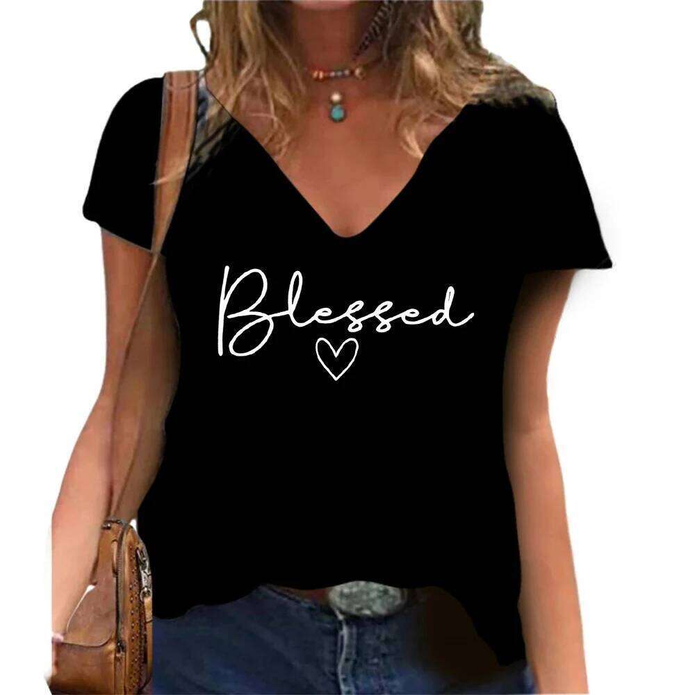 Blessed printed V-neck T-shirt casual short sleeved Women Fashion Streetwear Oversized V-Neck XJ260306