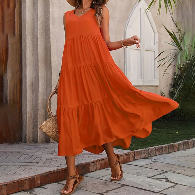 YKUKU Women Dress Summer Casual Vacation Holiday Beach Long Dresses Vneck Loose Elegant Yellow Femme 260306