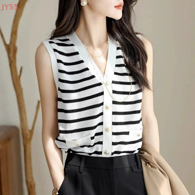French Light y VNeck Black And White Striped Knitted Vest For Women In Summer 260306