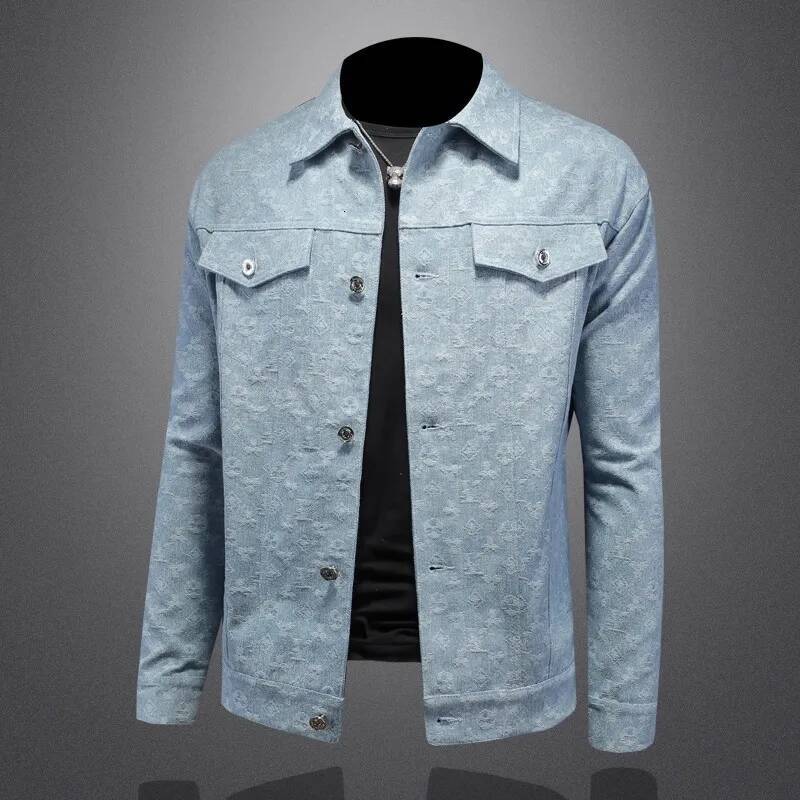 Men's Slim Fit Casual Denim Jacket Autumn Plaid Embossed Collar Trendy Youth Fashionable Outerwear