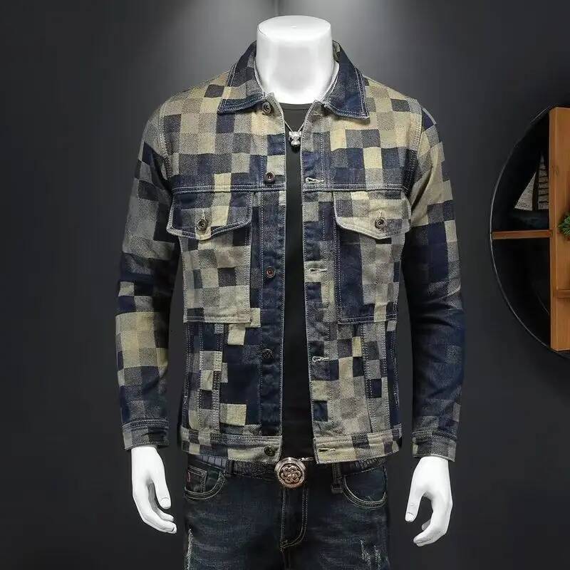 2025 New Printed Distressed Vintage Denim Jacket Men's Fashion plaid Lapel Coat Male Button Jeans Jackets