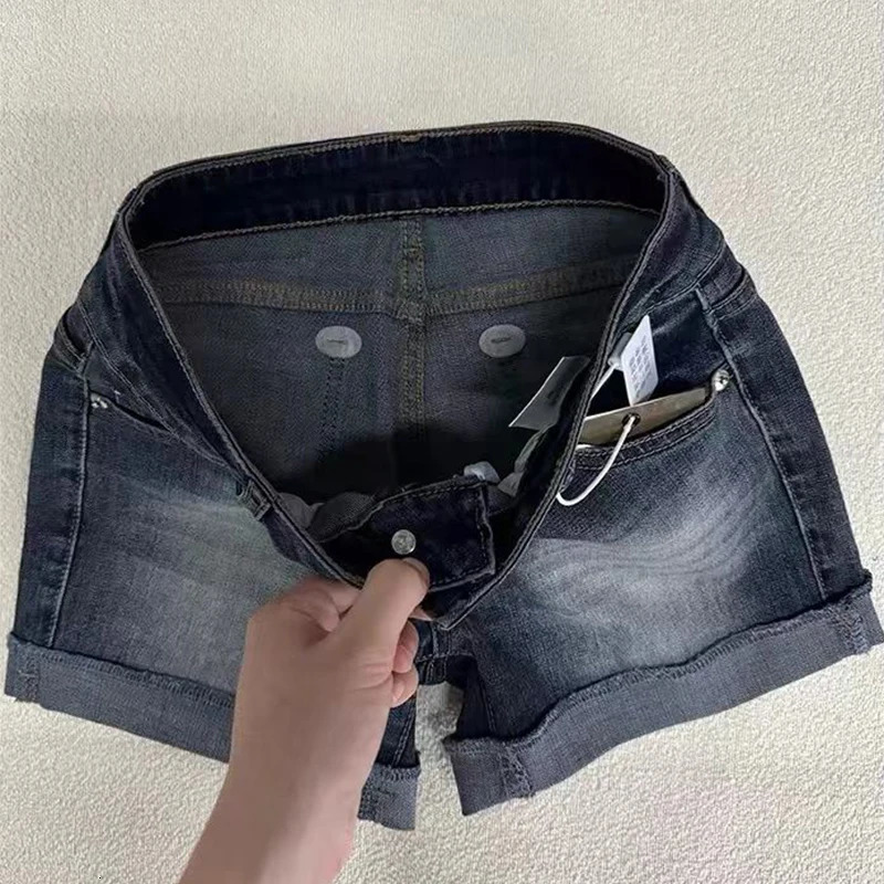 Retro Roll Up Hem Deep Blue Denim Shorts Women Summer Sexy Low Rise Hip Covering Pants American Distressed Washed Jean Short 260306