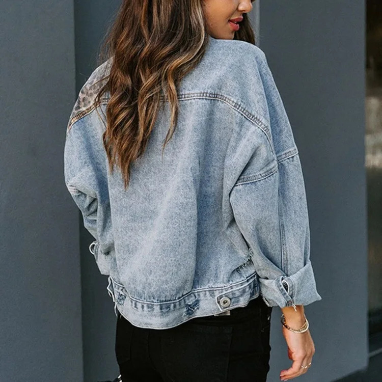 Spring Denim Jacket Women Long-sleeved Denim Jacket Female Leopard Stitching Female Tops 260303