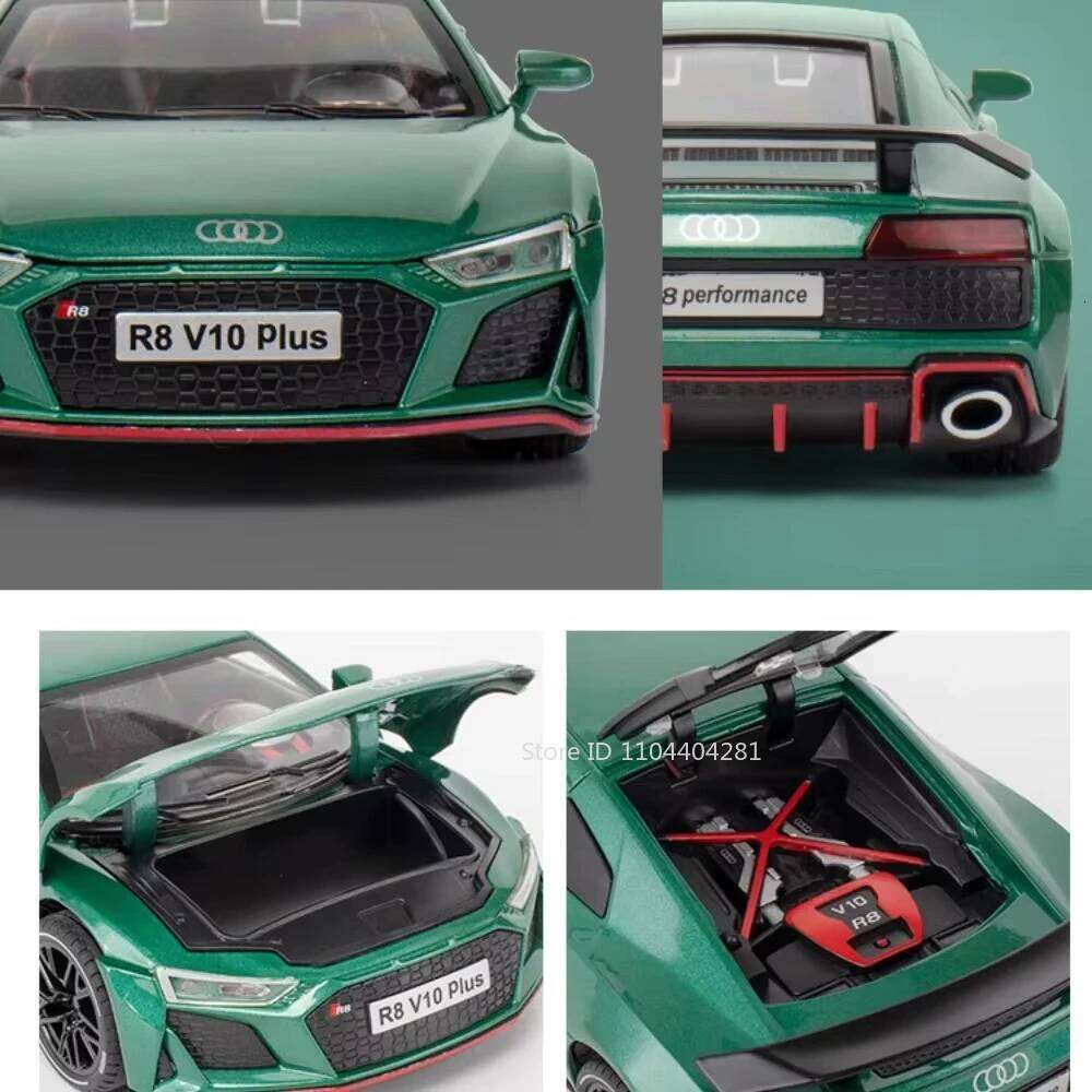 1:24 R8 V10 Plus RS7 Car Model Diecast Alloy Toys 4 Doors Opened with Sound Light Pull Back Miniature Vehices Fashion Home Decor Z260307