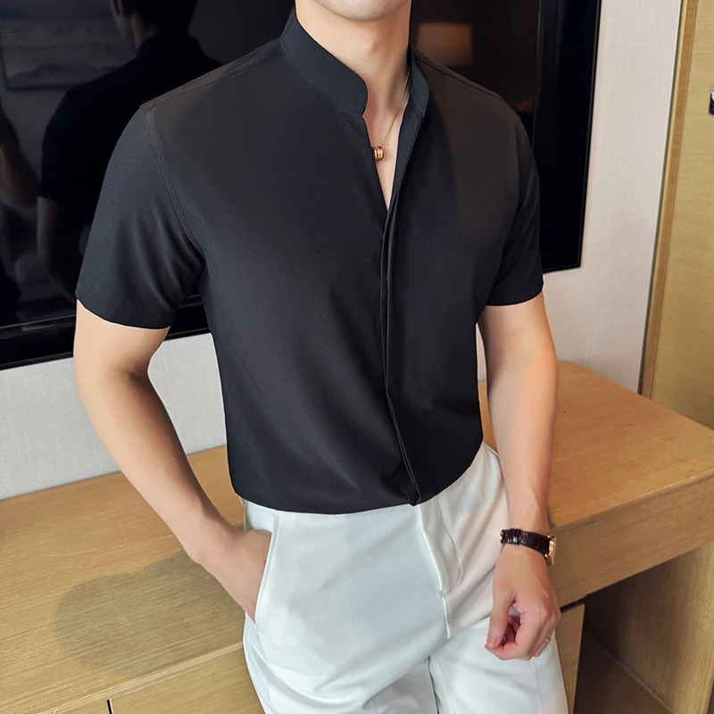 Stand Collar Short-Sleeved Shirt Mens High-Grade White V-Collar Shirt Drape Stretch Fashion V-neck Shirt Business Office 260305