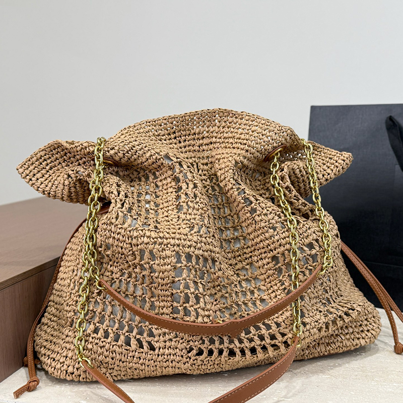 26Ss Designer Raffia Straw Woven Jamie Shopping Shoulder Bag With Gold Chain Handbag Drawstring Bucket Hobo Quilted Purse 36x38cm Summer Travel Holiday Beach Pouch