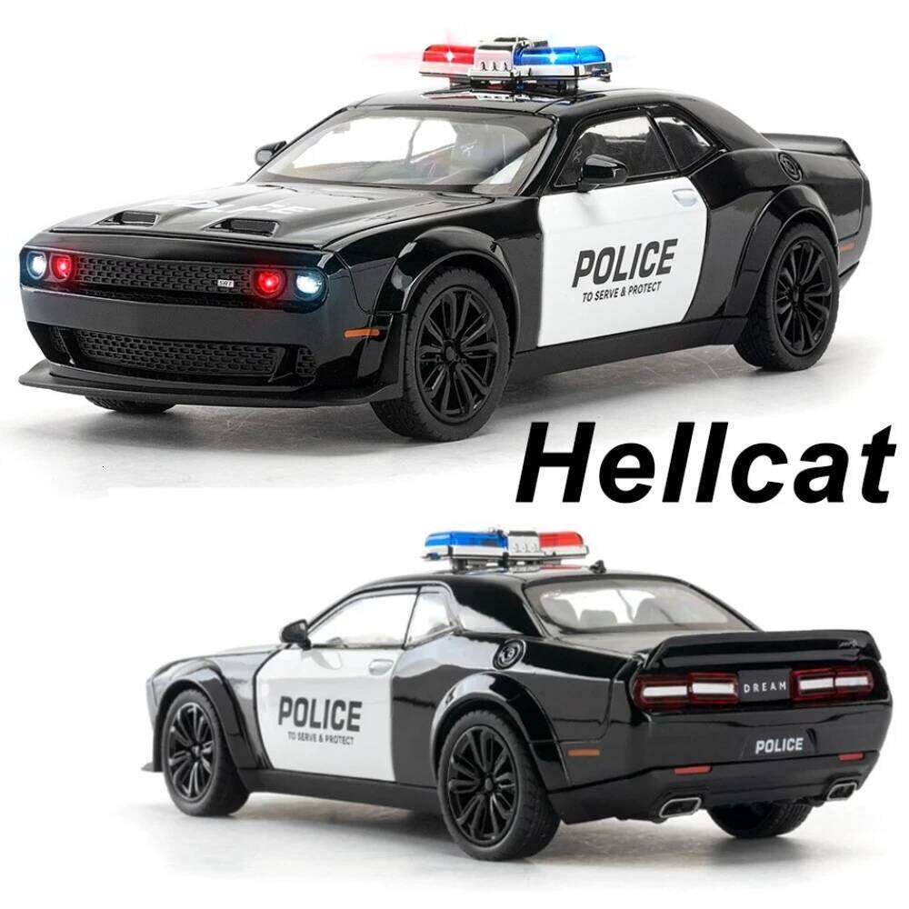 1:22 Hellcat Challenger SRT Cars Toys Diecast Police Car Front Wheel Steering Doors Opened Sound Light Model Friend's Gift Z260307