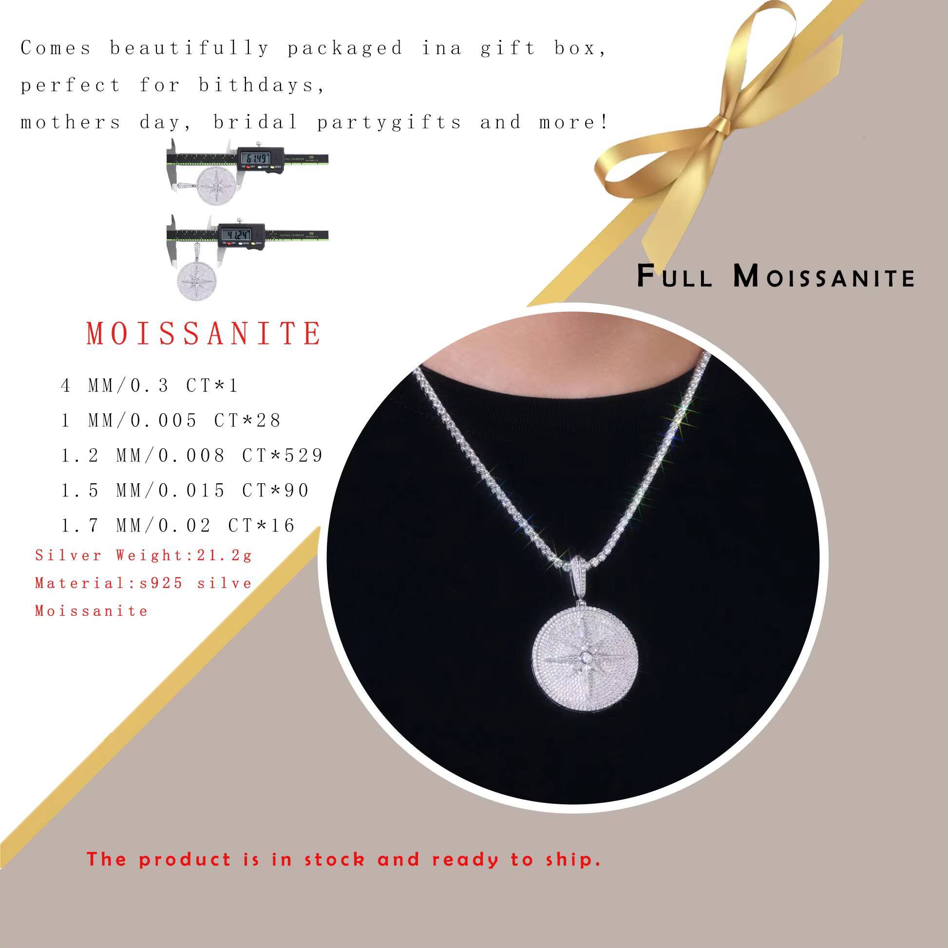 6342CTW Moissanite Pendant Hip Hop Style Full Pave Star Compass Design 925 Sterling Silver 18K Gold Plated for Men and Women